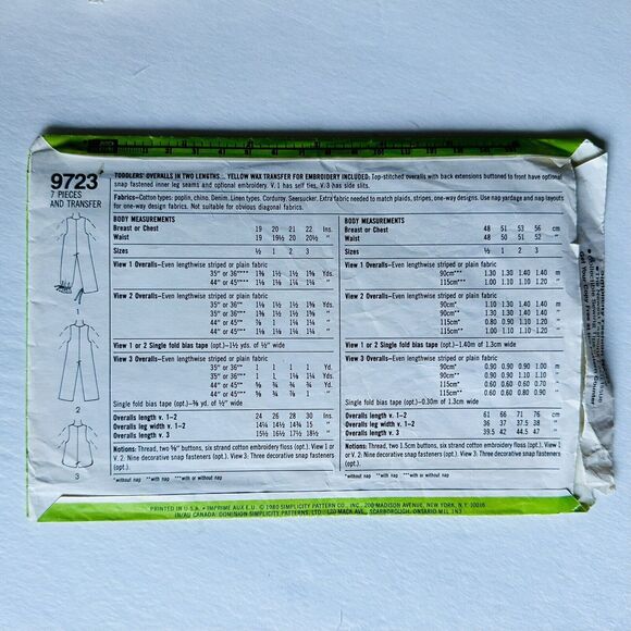 Vintage 9723 Simplicity Pattern Toddler Overalls Shortalls Transfers Sz 1/2 & 1 - Picture 2 of 2